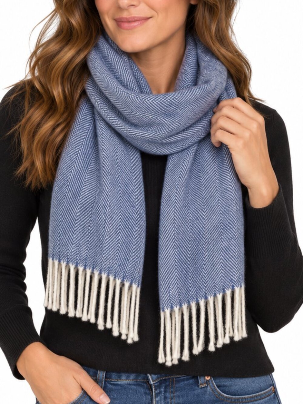 LINEA EMMETI NWT Italian Fine Merino Wool Knit Scarf Wrap Blue Chevron Unisex